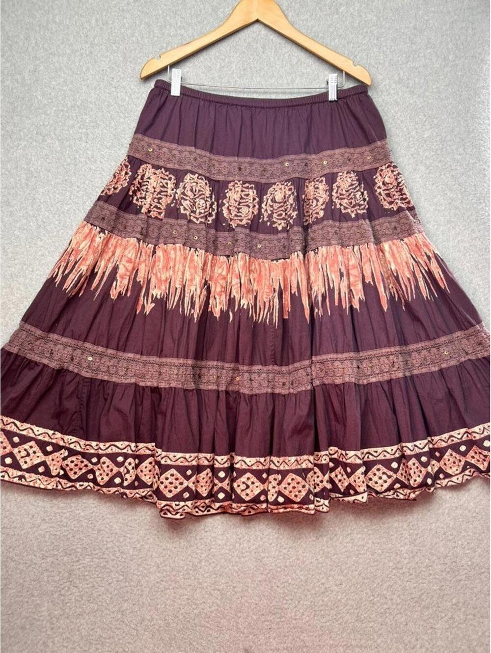Phool Burgundy Tiered Maxi Skirt Size M Cotton Boho Gypsy Retro Flowy Hippie